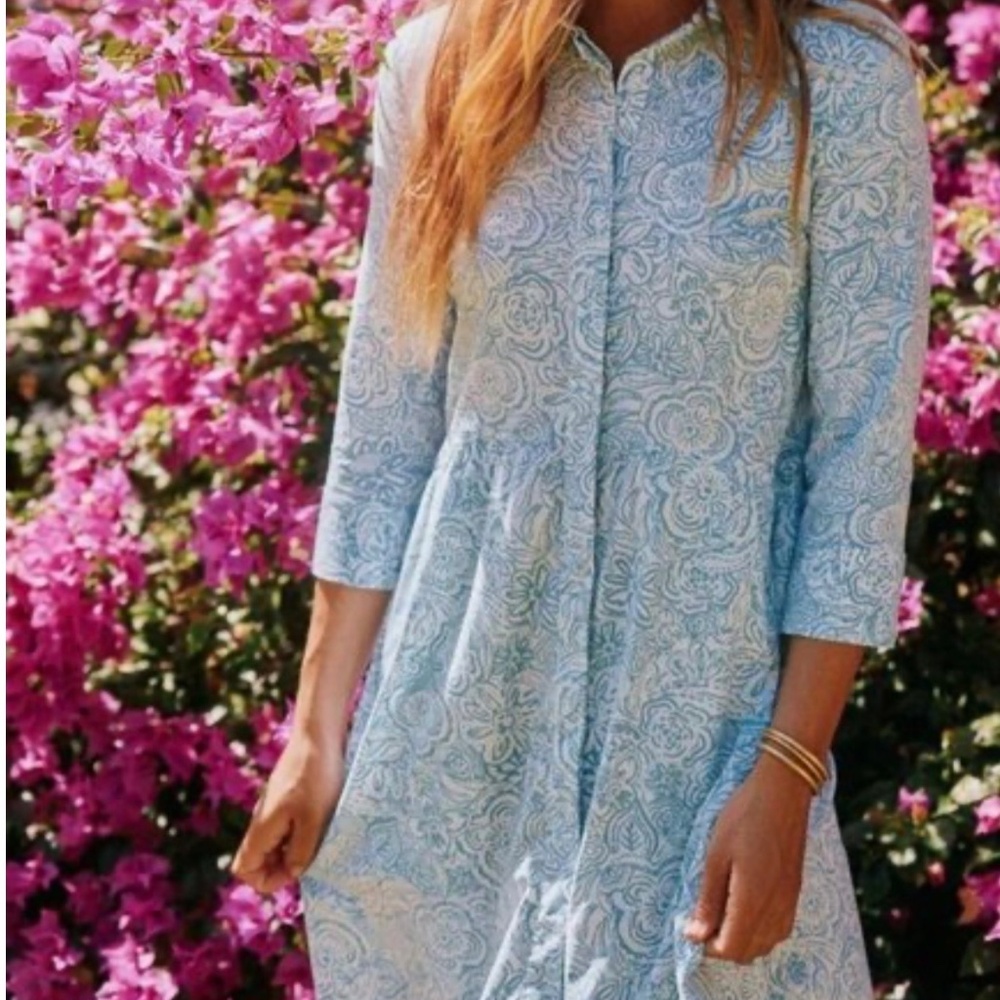Southern Tide Womens Shirt Dress Cara Brrr Blue Floral A-Line 3/4 Sleeves